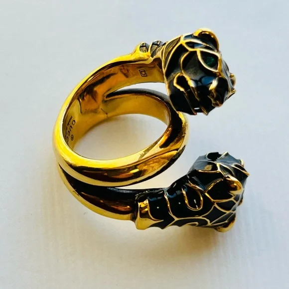 GUCCI TIGER HEADs RING WITH BLACK ENAMEL IN 18k aged gold size 6 - Picture 5 of 6